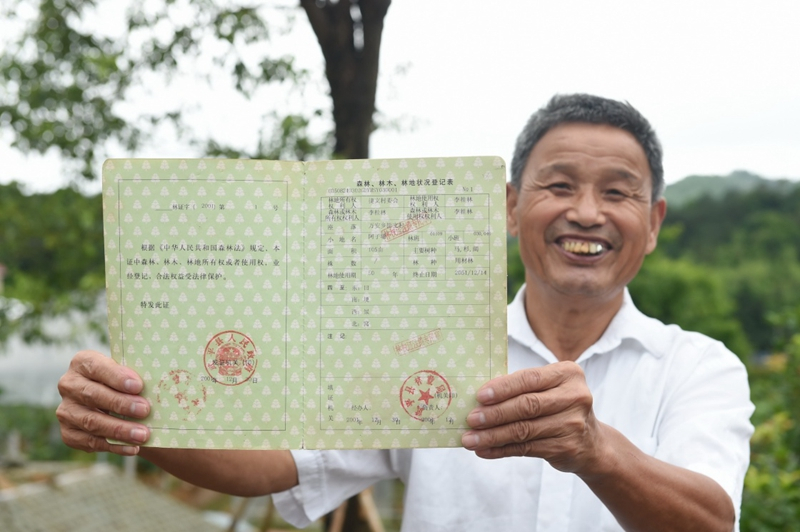 2017年6月13日，福建武平縣萬安鎮(zhèn)捷文村村民李桂林展示林權(quán)改革后領(lǐng)到的全國第一本新式林權(quán)證。