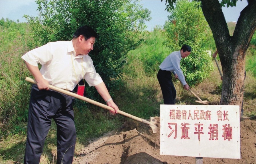 2001年10月，習(xí)近平在龍巖市長汀縣調(diào)研水土流失治理工作，在河田世紀(jì)生態(tài)園為樹培土。圖源：《習(xí)近平在福建（下）》