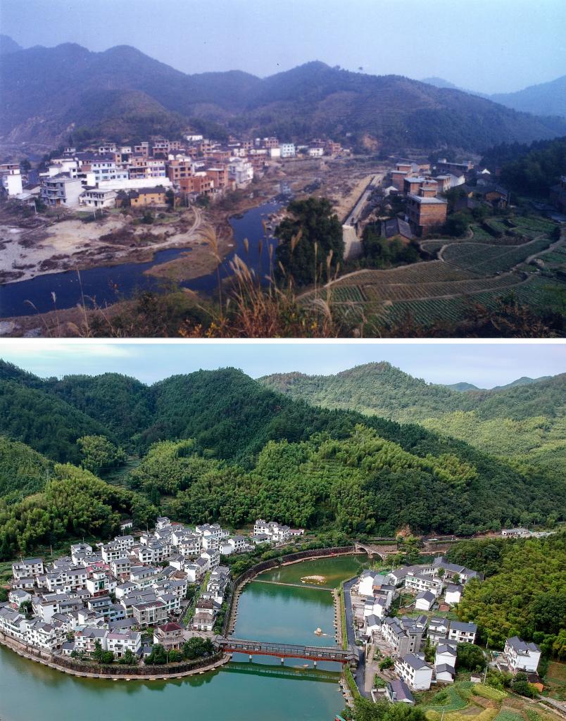 圖為浙江省杭州市淳安縣楓樹嶺鎮(zhèn)下姜村拼版圖，其中上圖為資料照片、下圖由新華社記者張鋮攝。